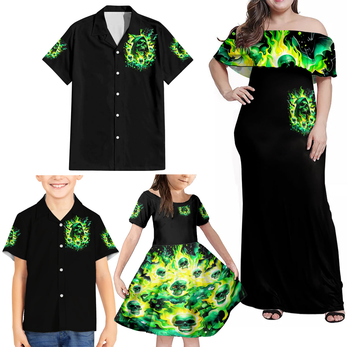 Flame Skull Family Matching Off Shoulder Maxi Dress and Hawaiian Shirt Heaven Don't Want Me Hell Afraid I Take Over - Wonder Print Shop
