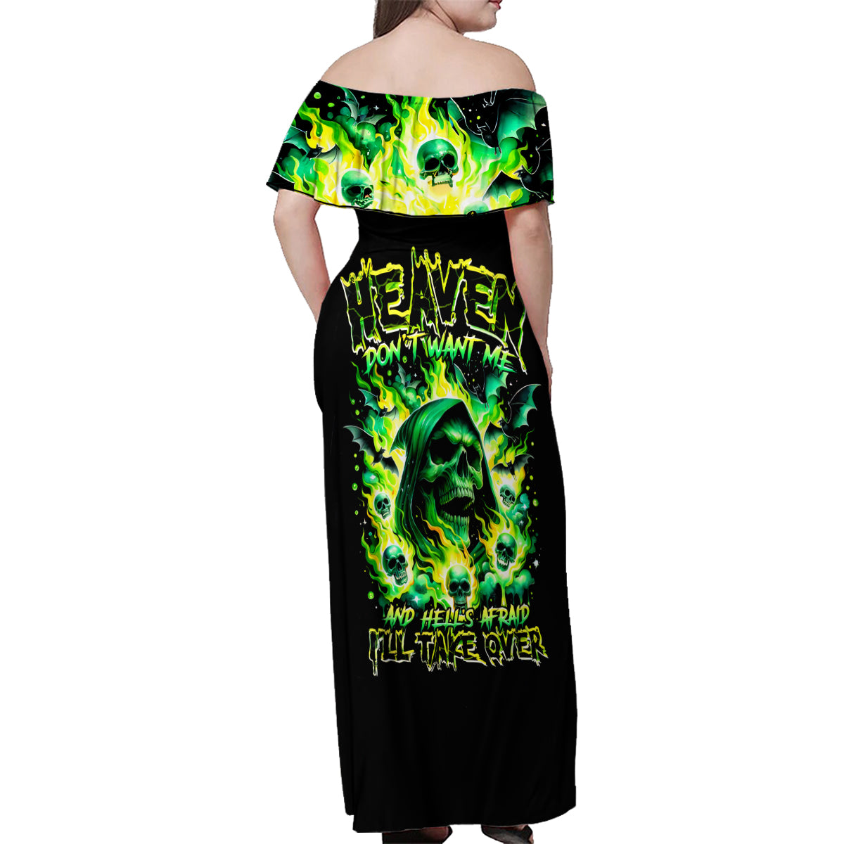 Flame Skull Family Matching Off Shoulder Maxi Dress and Hawaiian Shirt Heaven Don't Want Me Hell Afraid I Take Over - Wonder Print Shop