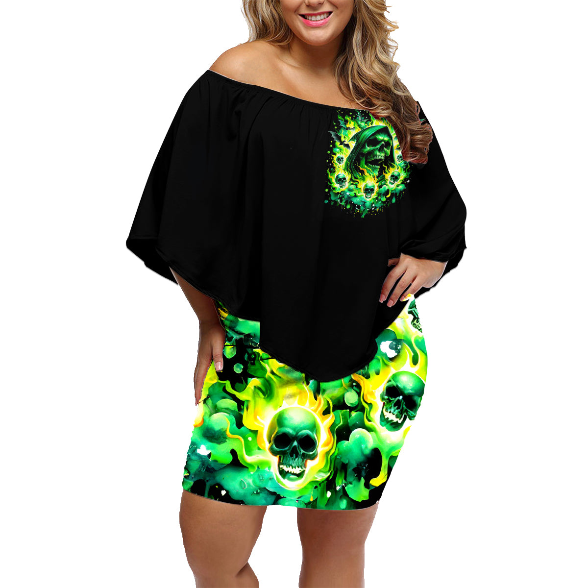 Flame Skull Family Matching Off Shoulder Short Dress and Hawaiian Shirt Heaven Don't Want Me Hell Afraid I Take Over - Wonder Print Shop