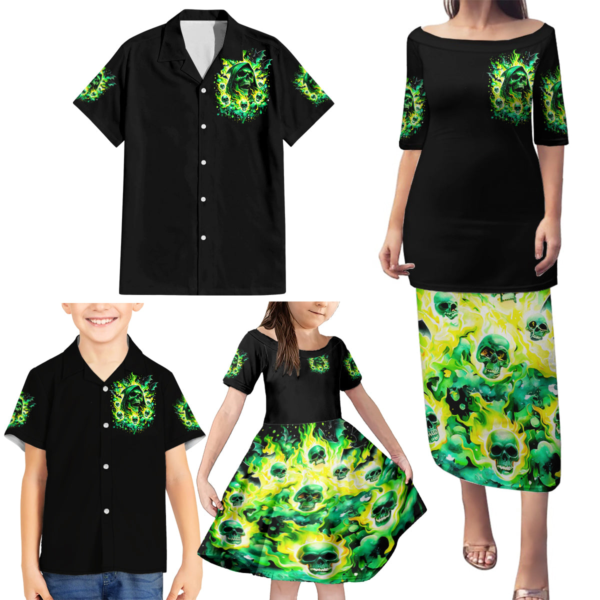 Flame Skull Family Matching Puletasi Dress and Hawaiian Shirt Heaven Don't Want Me Hell Afraid I Take Over - Wonder Print Shop