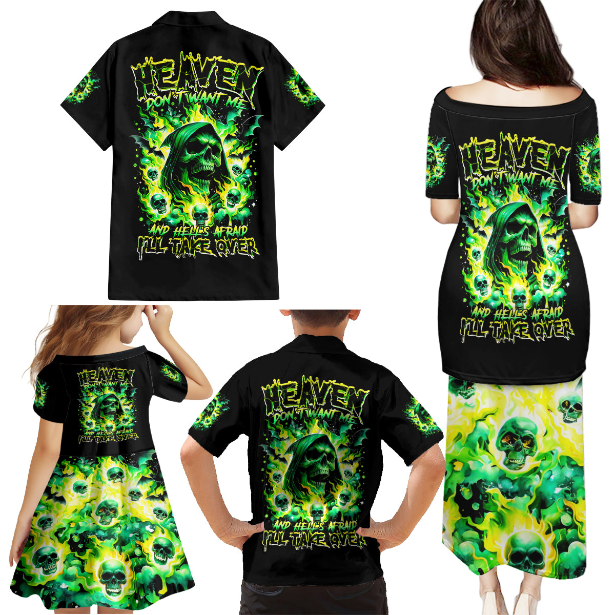 Flame Skull Family Matching Puletasi Dress and Hawaiian Shirt Heaven Don't Want Me Hell Afraid I Take Over - Wonder Print Shop