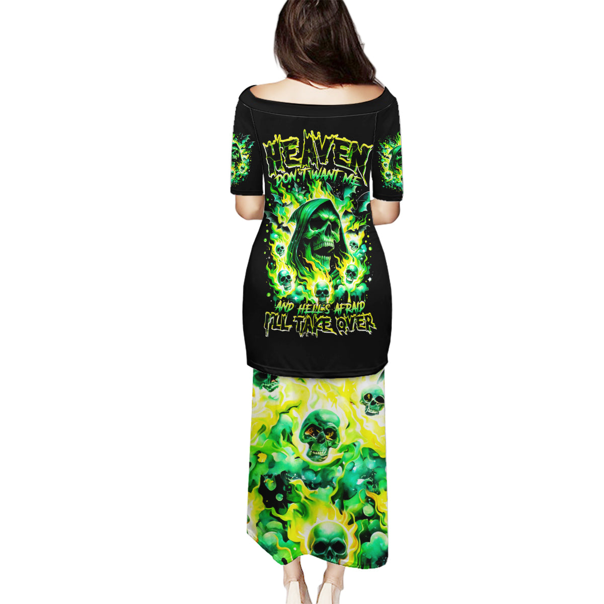 Flame Skull Family Matching Puletasi Dress and Hawaiian Shirt Heaven Don't Want Me Hell Afraid I Take Over - Wonder Print Shop