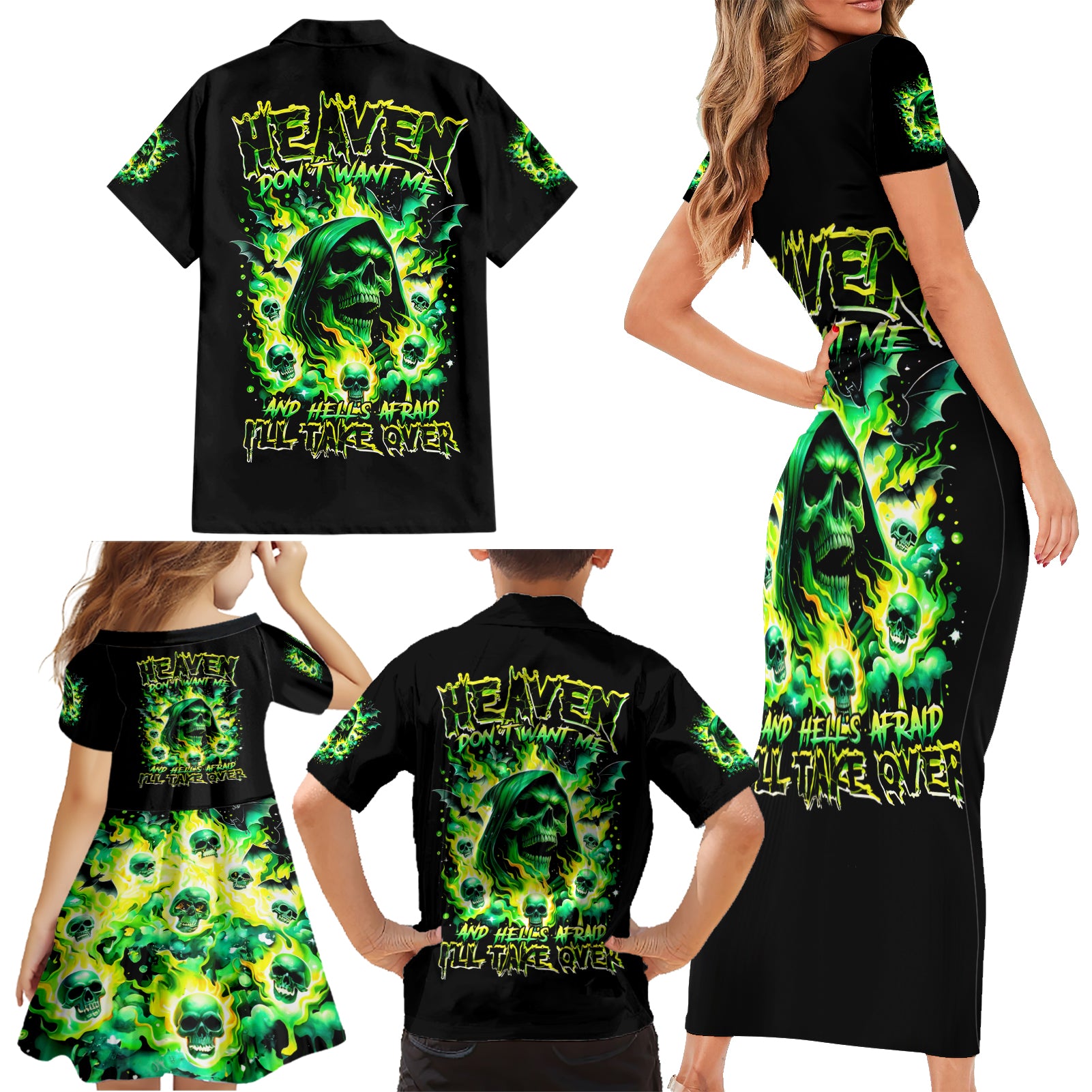 Flame Skull Family Matching Short Sleeve Bodycon Dress and Hawaiian Shirt Heaven Don't Want Me Hell Afraid I Take Over - Wonder Print Shop