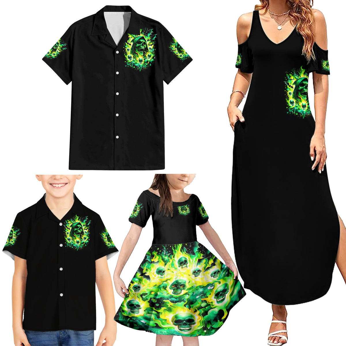 Flame Skull Family Matching Summer Maxi Dress and Hawaiian Shirt Heaven Don't Want Me Hell Afraid I Take Over - Wonder Print Shop