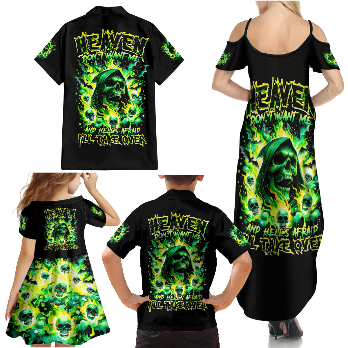 Flame Skull Family Matching Summer Maxi Dress and Hawaiian Shirt Heaven Don't Want Me Hell Afraid I Take Over - Wonder Print Shop