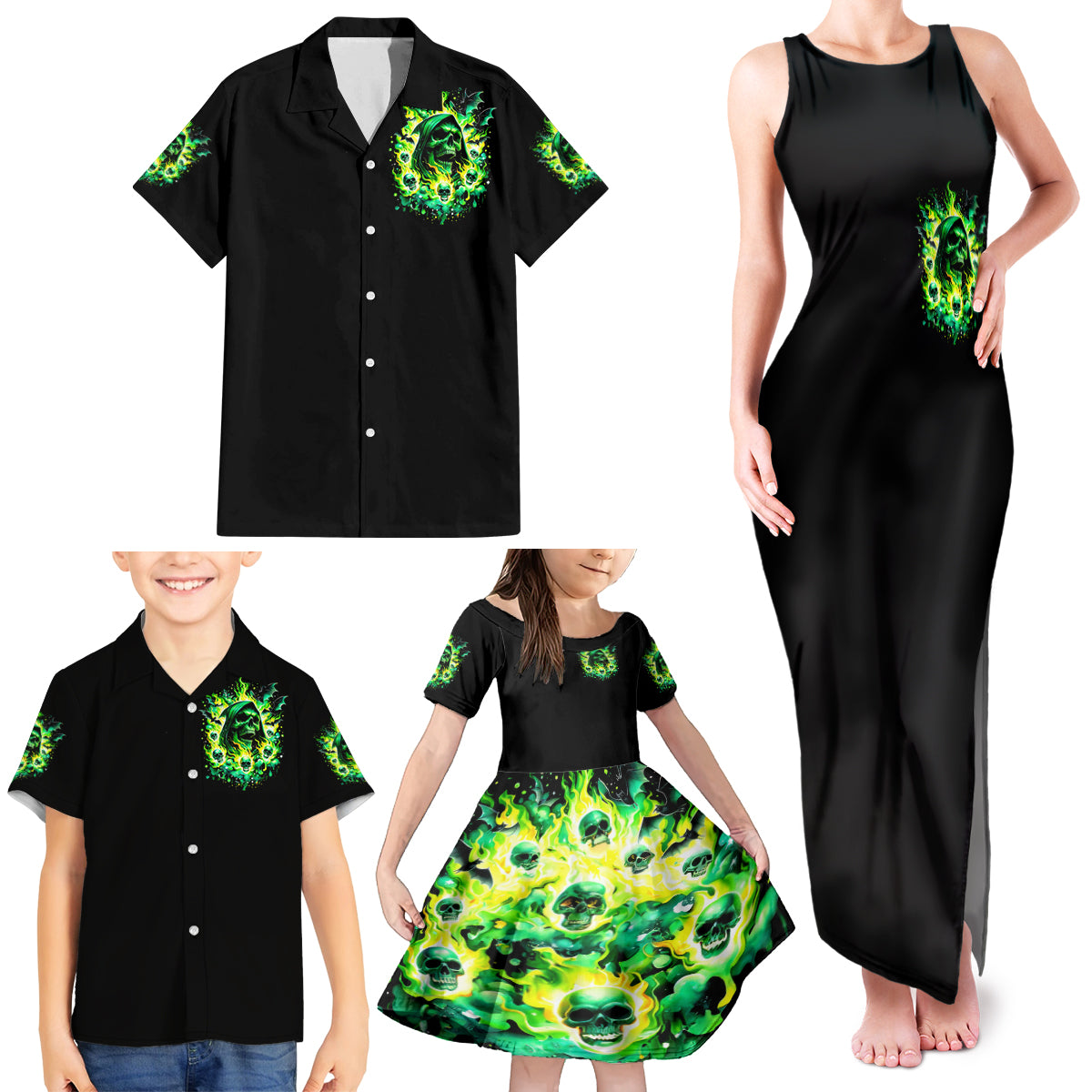 Flame Skull Family Matching Tank Maxi Dress and Hawaiian Shirt Heaven Don't Want Me Hell Afraid I Take Over - Wonder Print Shop