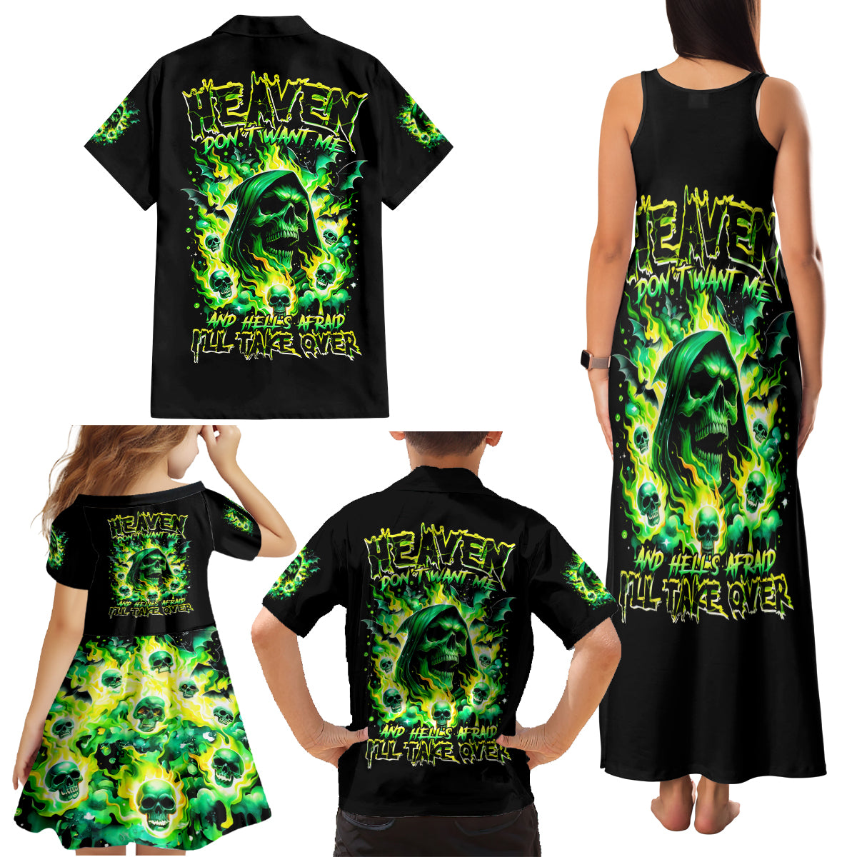 Flame Skull Family Matching Tank Maxi Dress and Hawaiian Shirt Heaven Don't Want Me Hell Afraid I Take Over - Wonder Print Shop
