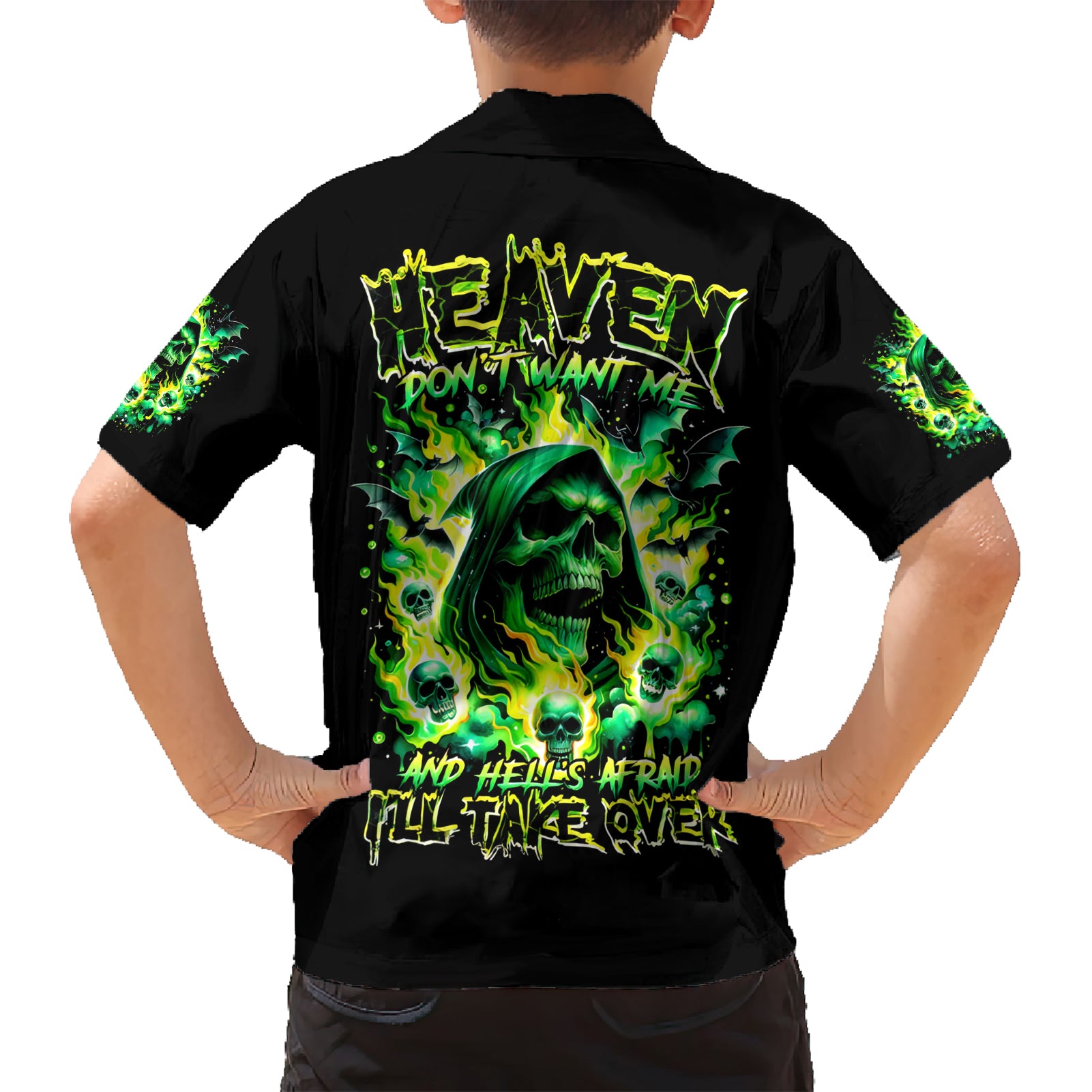 Flame Skull Kid Hawaiian Shirt Heaven Don't Want Me Hell Afraid I Take Over - Wonder Print Shop