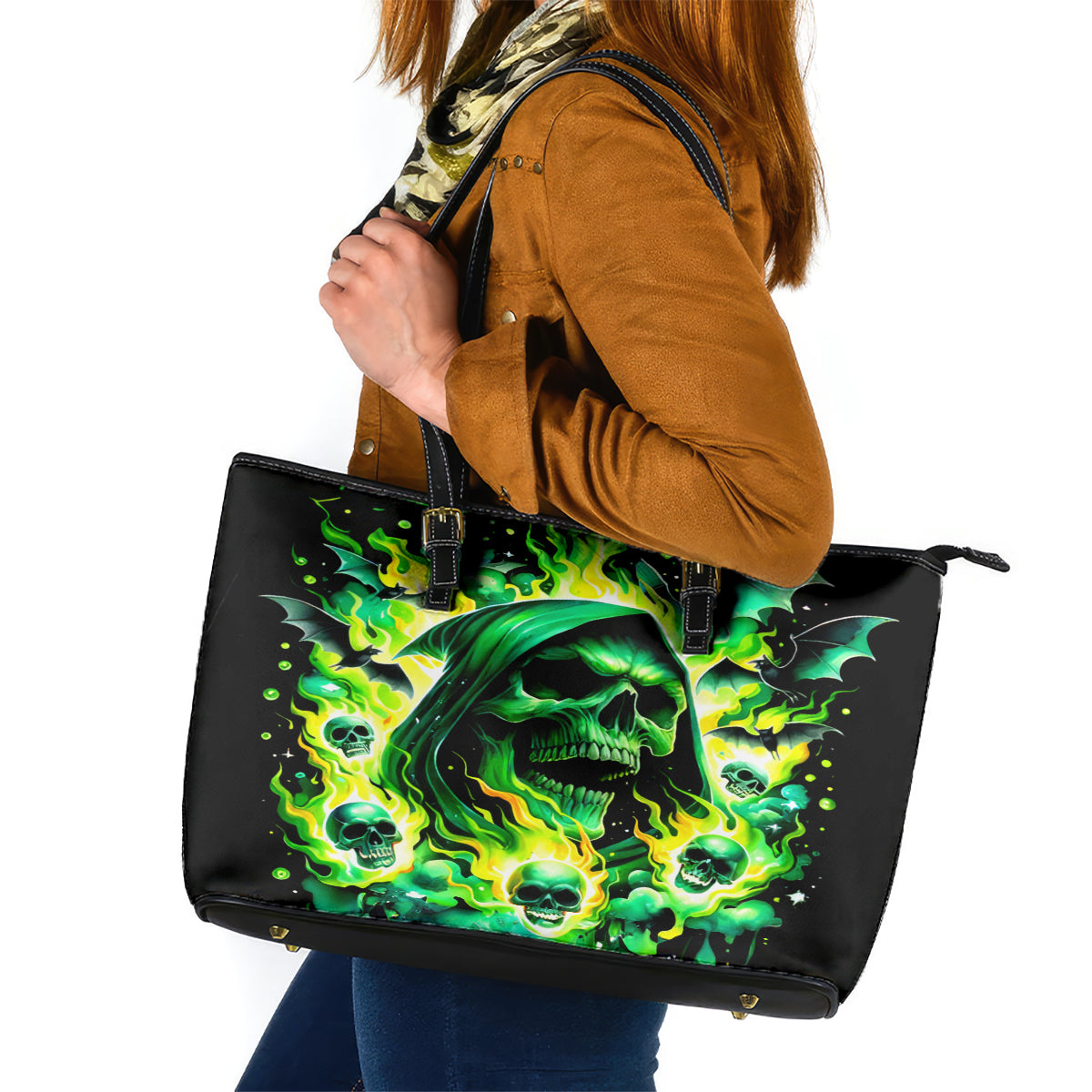 Flame Skull Leather Tote Bag Heaven Don't Want Me Hell Afraid I Take Over - Wonder Print Shop
