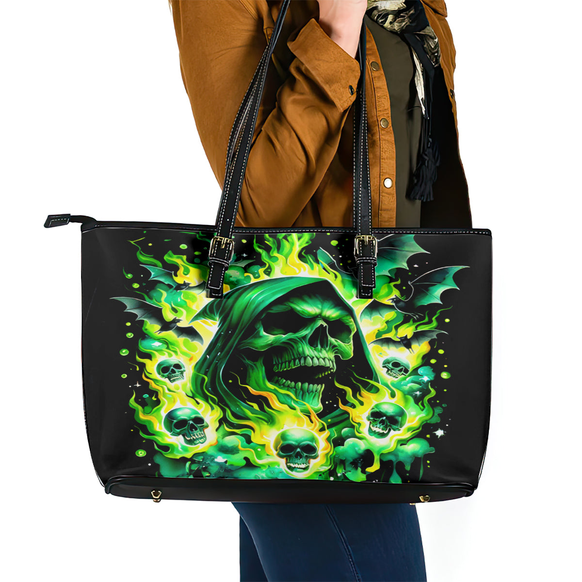 Flame Skull Leather Tote Bag Heaven Don't Want Me Hell Afraid I Take Over - Wonder Print Shop