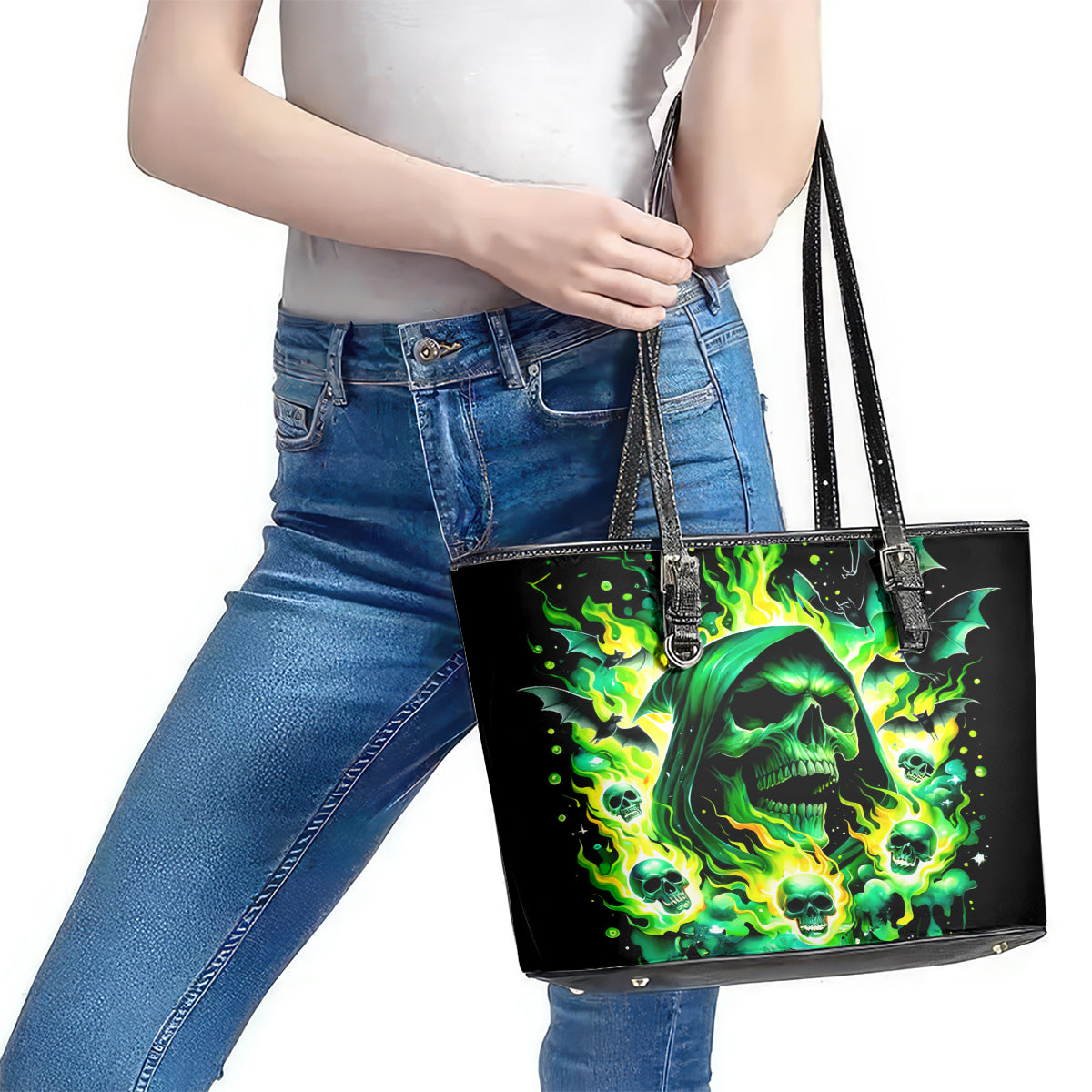 Flame Skull Leather Tote Bag Heaven Don't Want Me Hell Afraid I Take Over - Wonder Print Shop