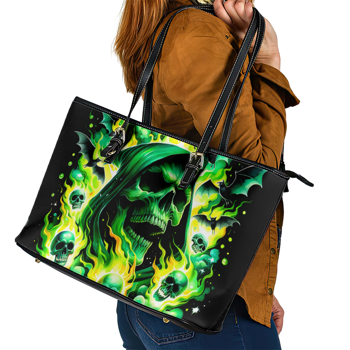 Flame Skull Leather Tote Bag Heaven Don't Want Me Hell Afraid I Take Over - Wonder Print Shop