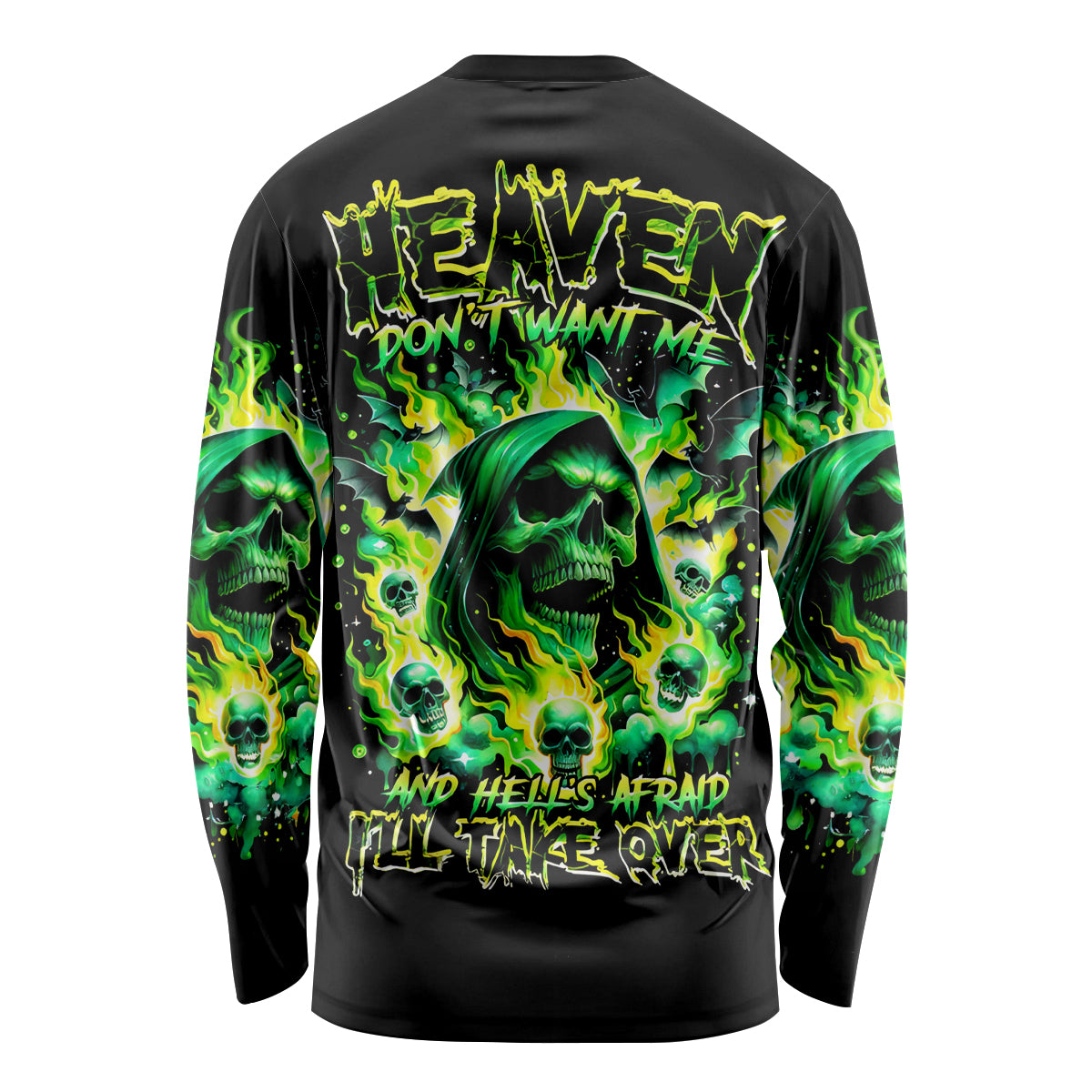 Flame Skull Long Sleeve Shirt Heaven Don't Want Me Hell Afraid I Take Over - Wonder Print Shop