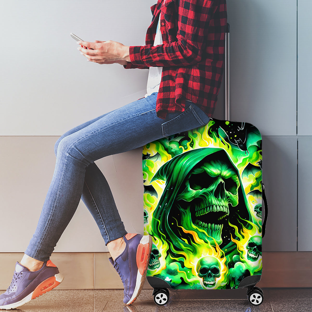 Flame Skull Luggage Cover Heaven Don't Want Me Hell Afraid I Take Over - Wonder Print Shop