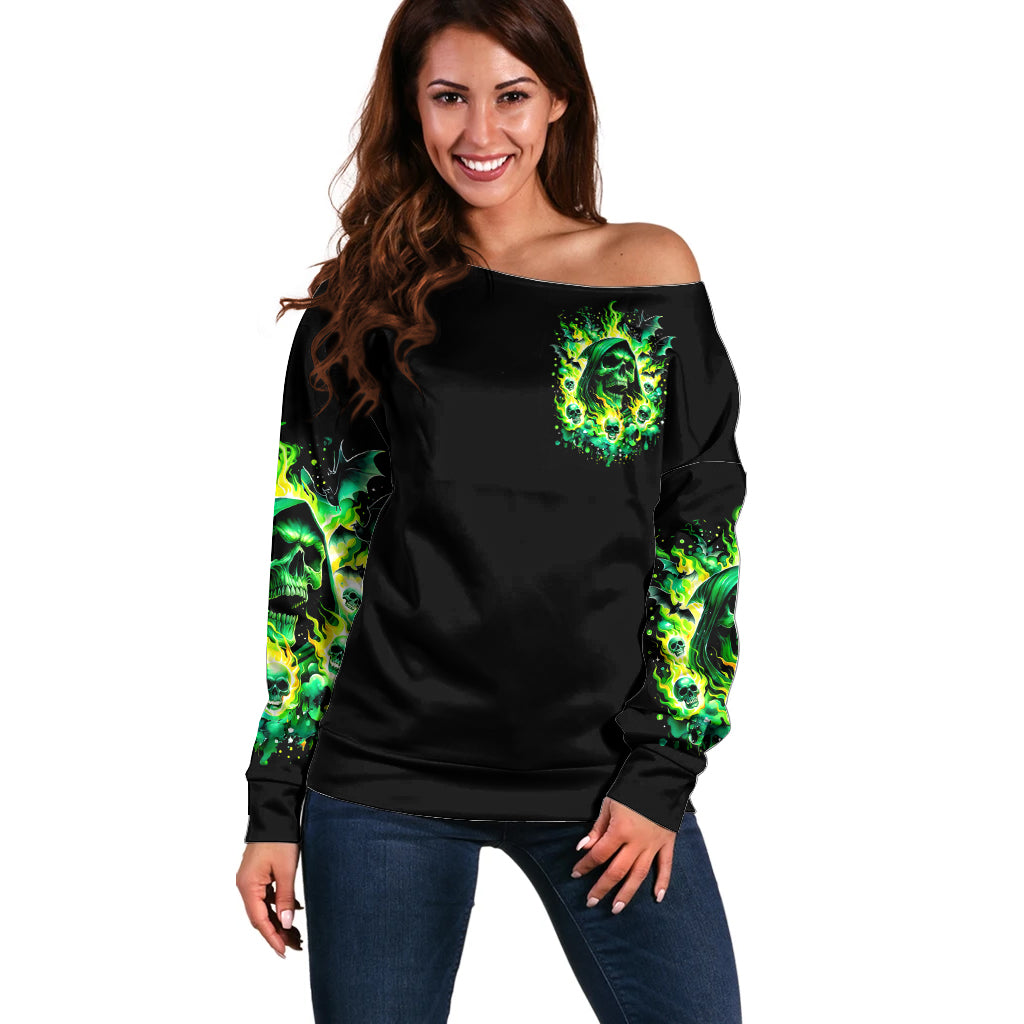 Flame Skull Off Shoulder Sweater Heaven Don't Want Me Hell Afraid I Take Over - Wonder Print Shop