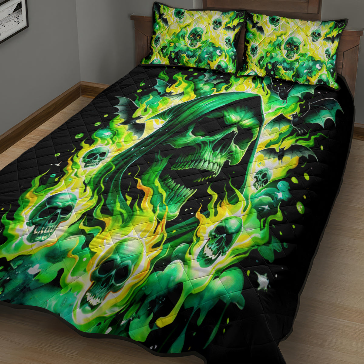 Flame Skull Quilt Bed Set Heaven Don't Want Me Hell Afraid I Take Over - Wonder Print Shop