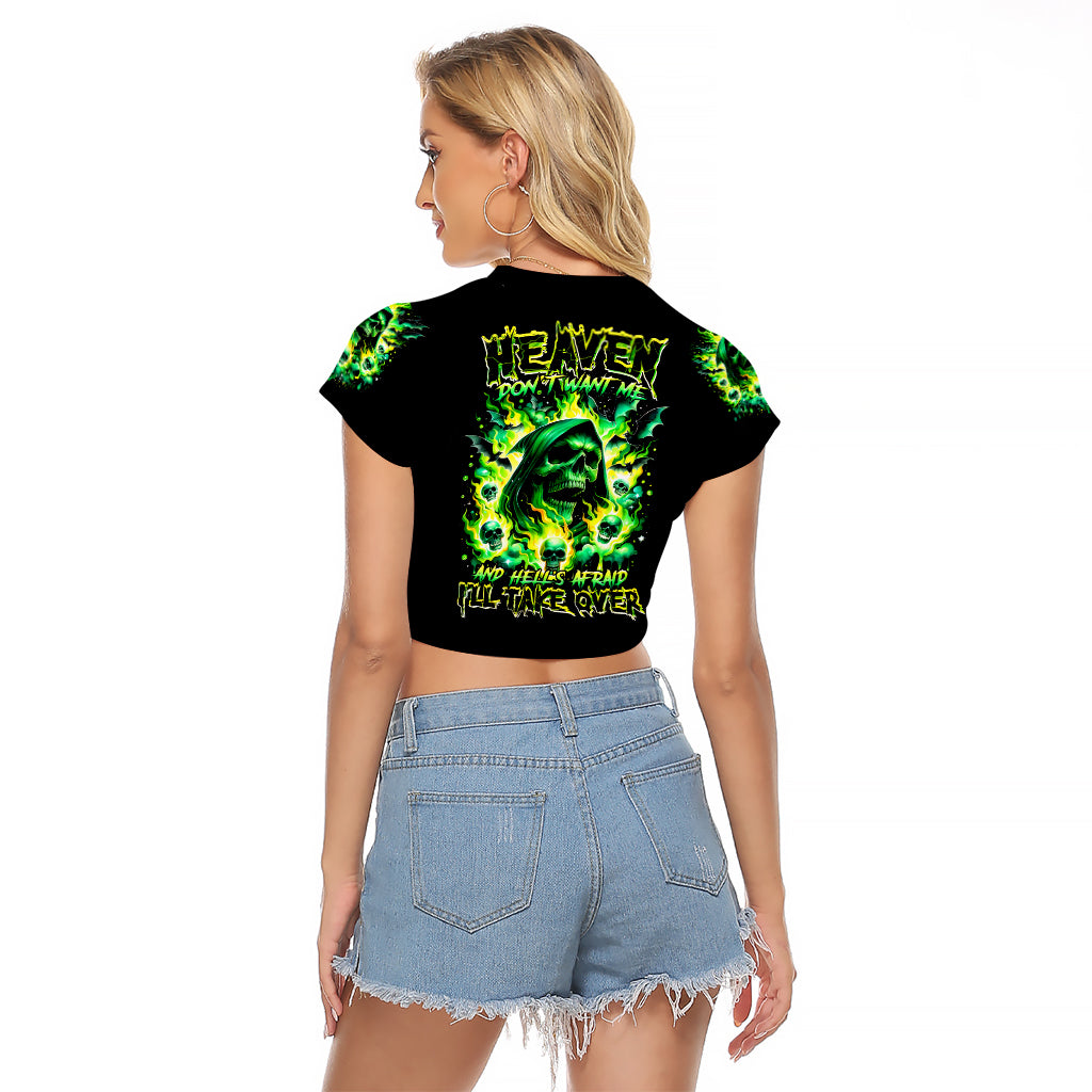 Flame Skull Raglan Cropped T Shirt Heaven Don't Want Me Hell Afraid I Take Over - Wonder Print Shop