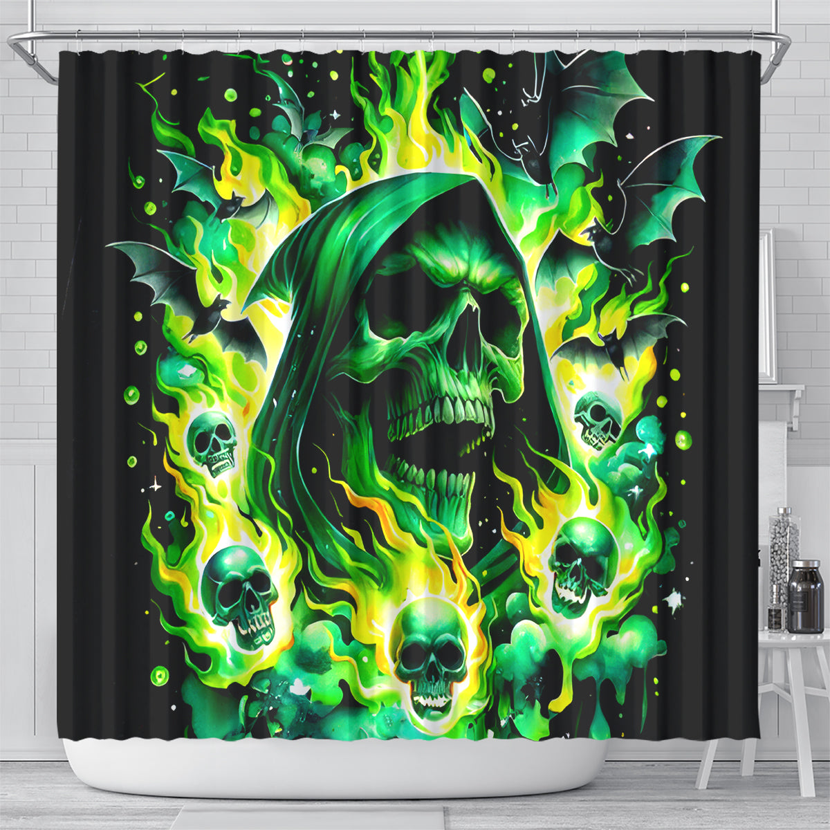 Flame Skull Shower Curtain Heaven Don't Want Me Hell Afraid I Take Over DT01