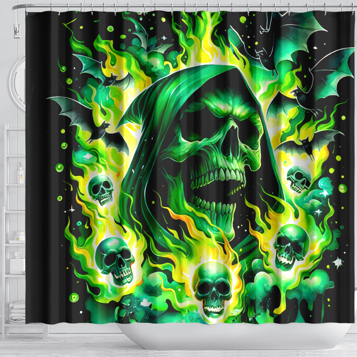 Flame Skull Shower Curtain Heaven Don't Want Me Hell Afraid I Take Over DT01