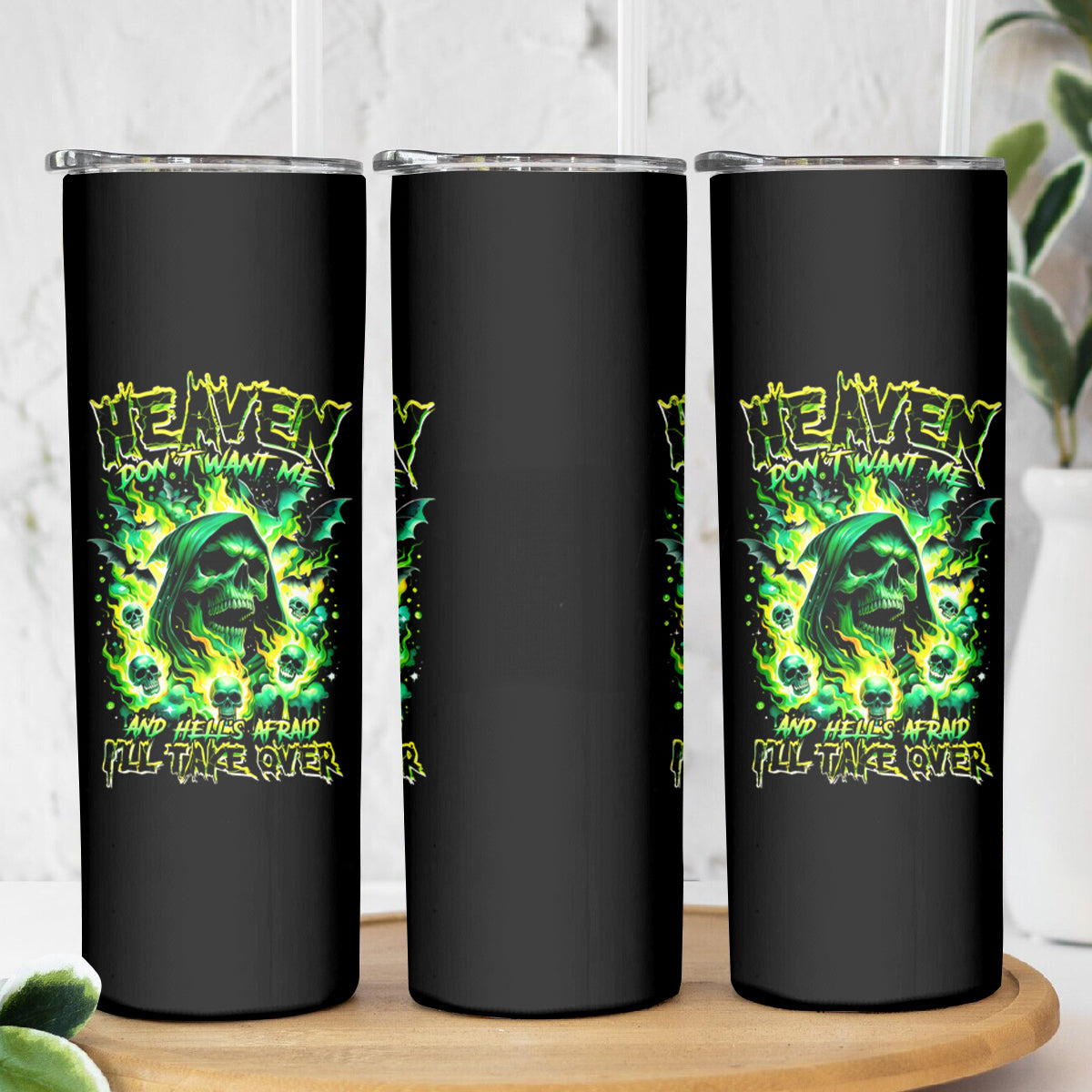 Flame Skull Skinny Tumbler Heaven Don't Want Me Hell Afraid I Take Over - Wonder Print Shop