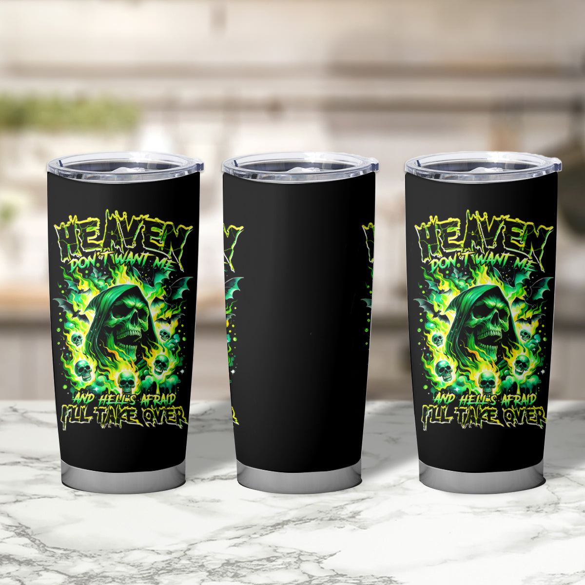 Flame Skull Tumbler Cup Heaven Don't Want Me Hell Afraid I Take Over - Wonder Print Shop