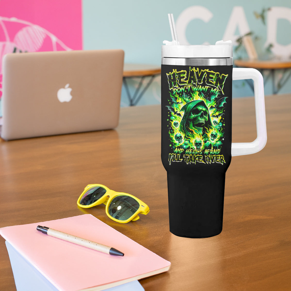 Flame Skull Tumbler With Handle Heaven Don't Want Me Hell Afraid I Take Over - Wonder Print Shop