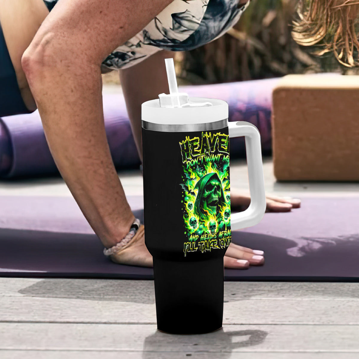 Flame Skull Tumbler With Handle Heaven Don't Want Me Hell Afraid I Take Over - Wonder Print Shop