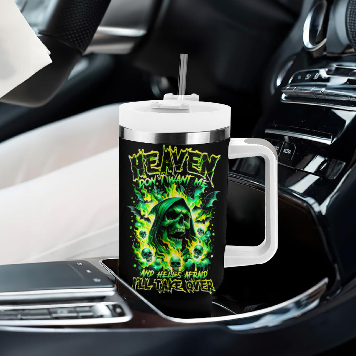 Flame Skull Tumbler With Handle Heaven Don't Want Me Hell Afraid I Take Over - Wonder Print Shop