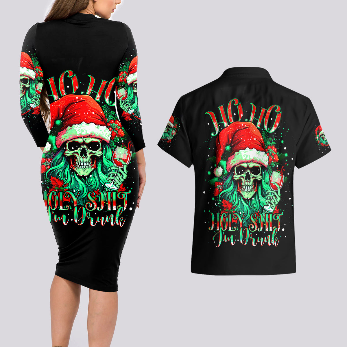 Christmas Skull Couples Matching Long Sleeve Bodycon Dress and Hawaiian Shirt Ho Ho Holy Shit I'm Drink - Wonder Print Shop