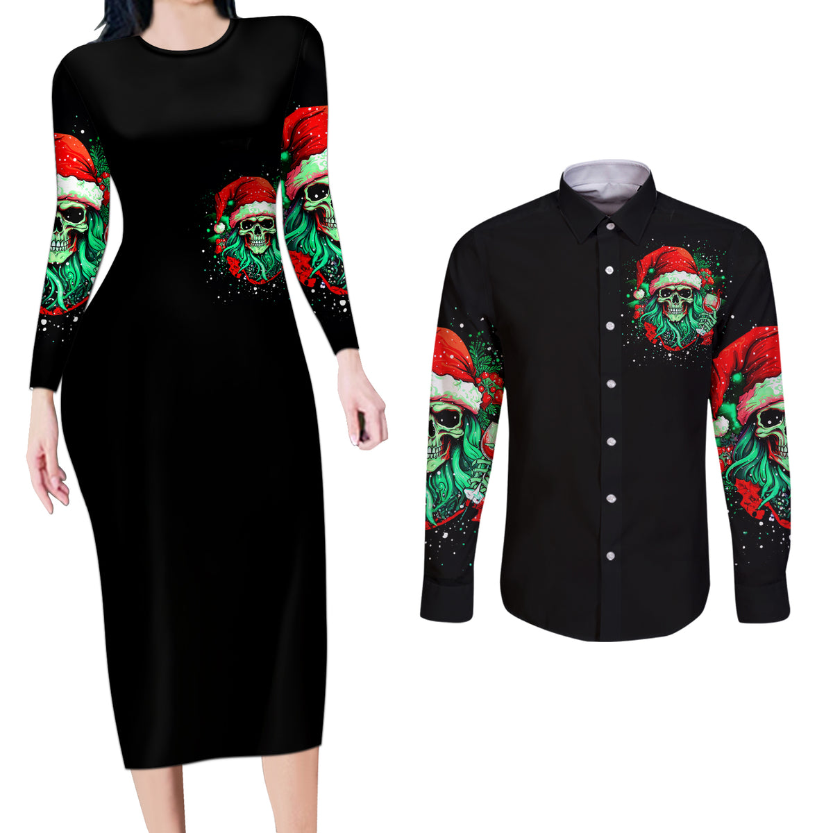 Christmas Skull Couples Matching Long Sleeve Bodycon Dress and Long Sleeve Button Shirt Ho Ho Holy Shit I'm Drink - Wonder Print Shop