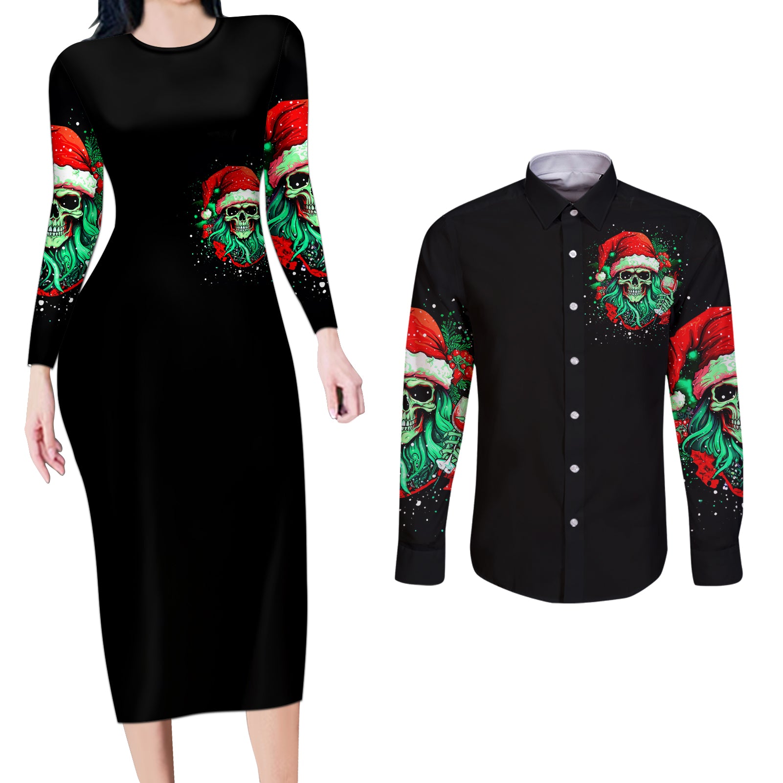 Christmas Skull Couples Matching Long Sleeve Bodycon Dress and Long Sleeve Button Shirt Ho Ho Holy Shit I'm Drink - Wonder Print Shop