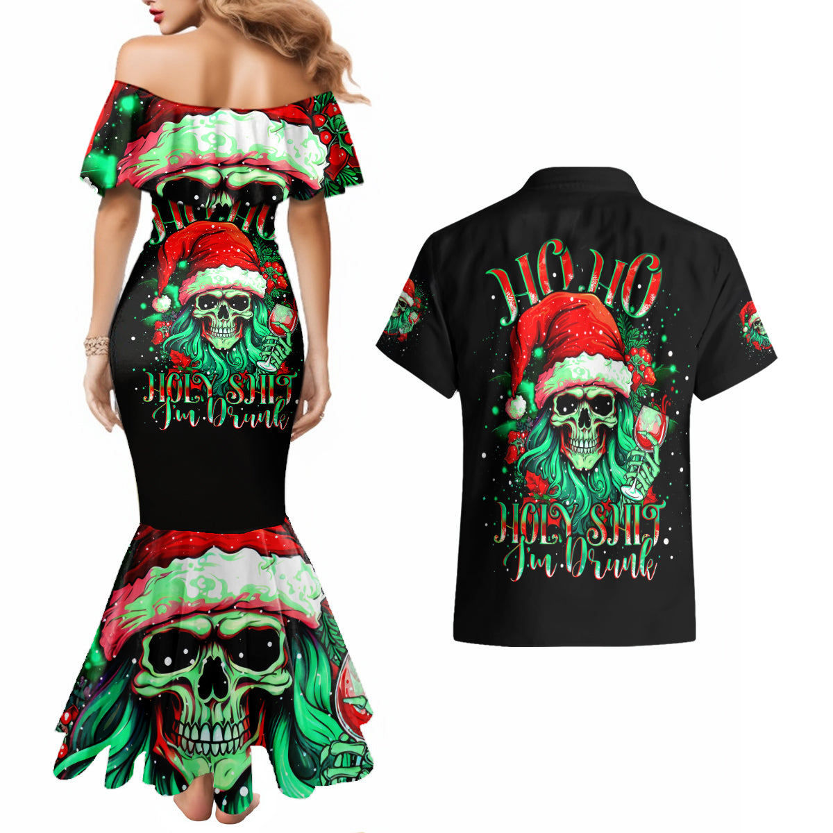 Christmas Skull Couples Matching Mermaid Dress and Hawaiian Shirt Ho Ho Holy Shit I'm Drink - Wonder Print Shop