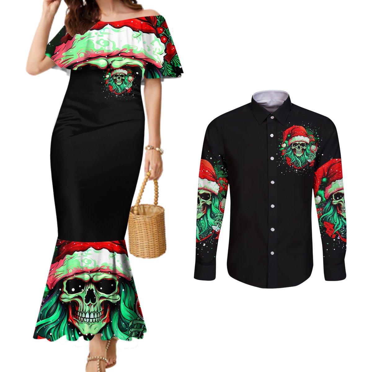 christmas-skull-couples-matching-mermaid-dress-and-long-sleeve-button-shirt-ho-ho-holy-shit-im-drink