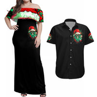 Christmas Skull Couples Matching Off Shoulder Maxi Dress and Hawaiian Shirt Ho Ho Holy Shit I'm Drink - Wonder Print Shop