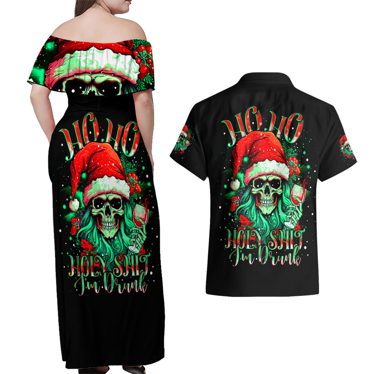 Christmas Skull Couples Matching Off Shoulder Maxi Dress and Hawaiian Shirt Ho Ho Holy Shit I'm Drink - Wonder Print Shop