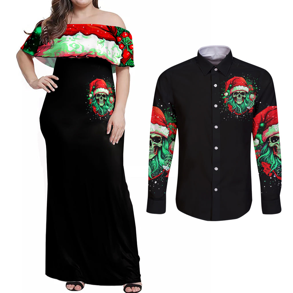 Christmas Skull Couples Matching Off Shoulder Maxi Dress and Long Sleeve Button Shirt Ho Ho Holy Shit I'm Drink - Wonder Print Shop