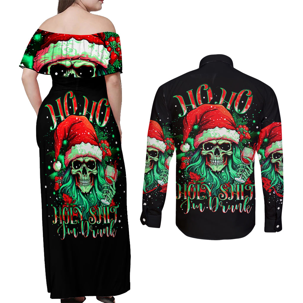 Christmas Skull Couples Matching Off Shoulder Maxi Dress and Long Sleeve Button Shirt Ho Ho Holy Shit I'm Drink - Wonder Print Shop
