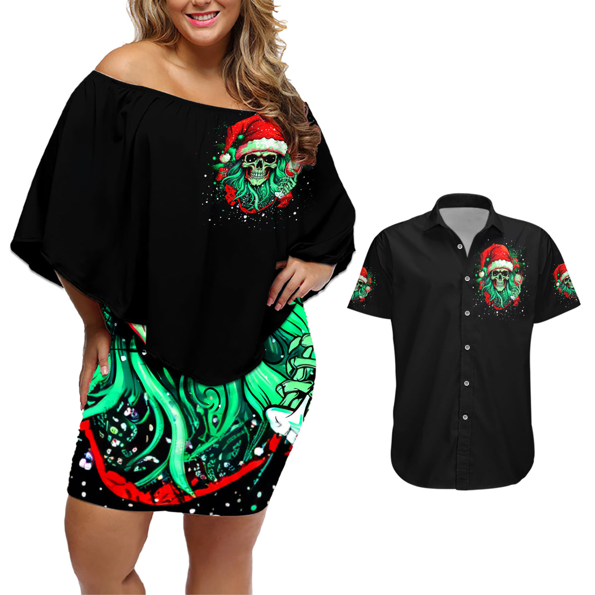 Christmas Skull Couples Matching Off Shoulder Short Dress and Hawaiian Shirt Ho Ho Holy Shit I'm Drink - Wonder Print Shop