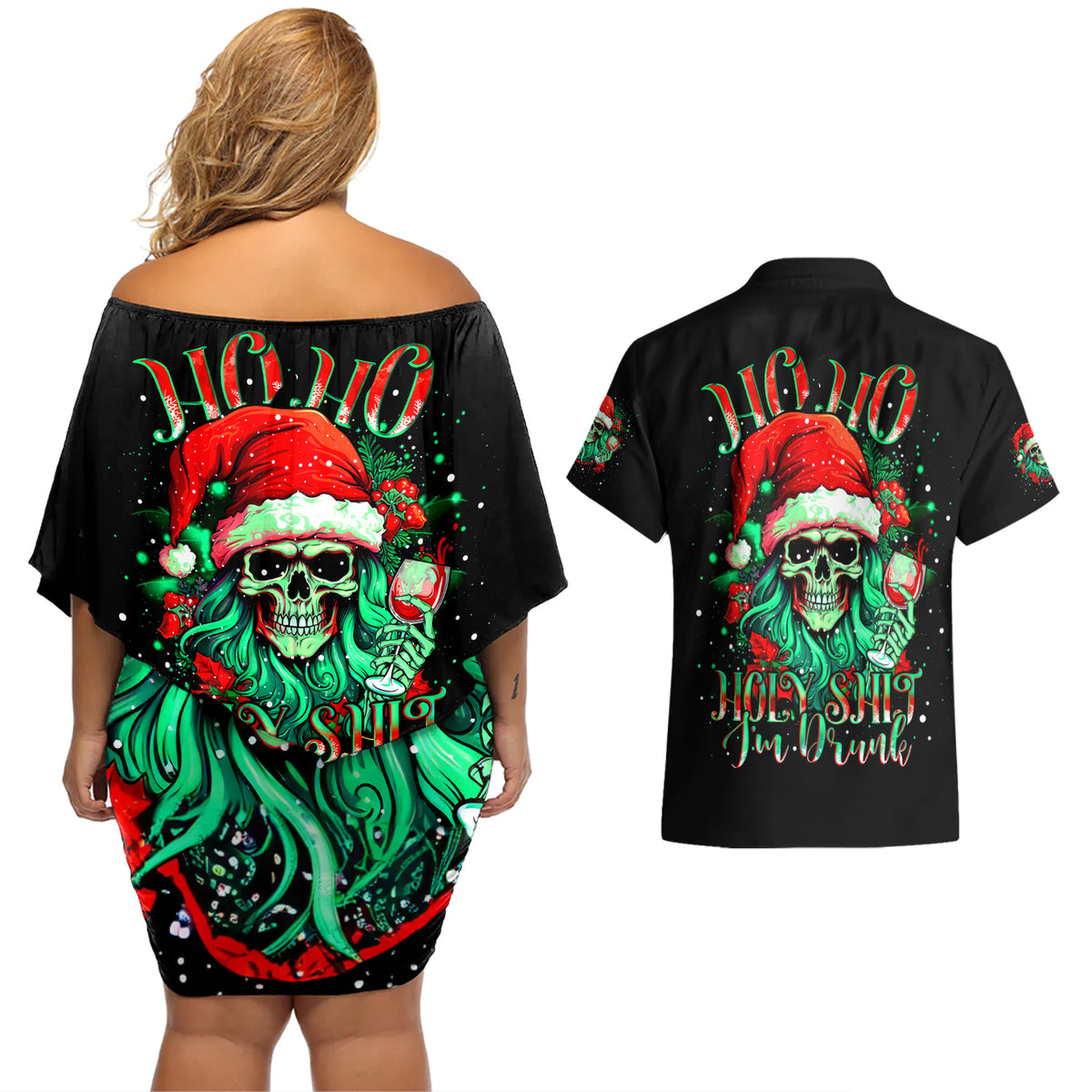 Christmas Skull Couples Matching Off Shoulder Short Dress and Hawaiian Shirt Ho Ho Holy Shit I'm Drink - Wonder Print Shop
