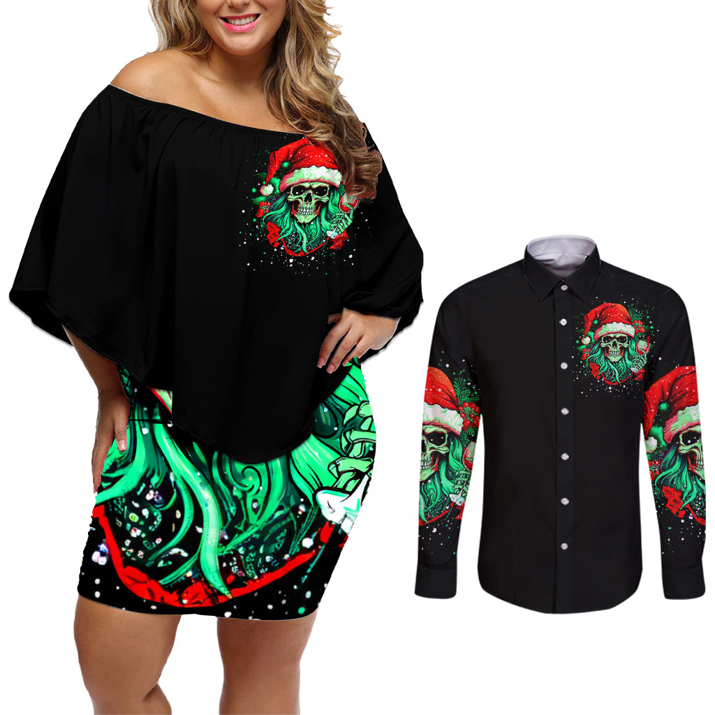 Christmas Skull Couples Matching Off Shoulder Short Dress and Long Sleeve Button Shirt Ho Ho Holy Shit I'm Drink - Wonder Print Shop