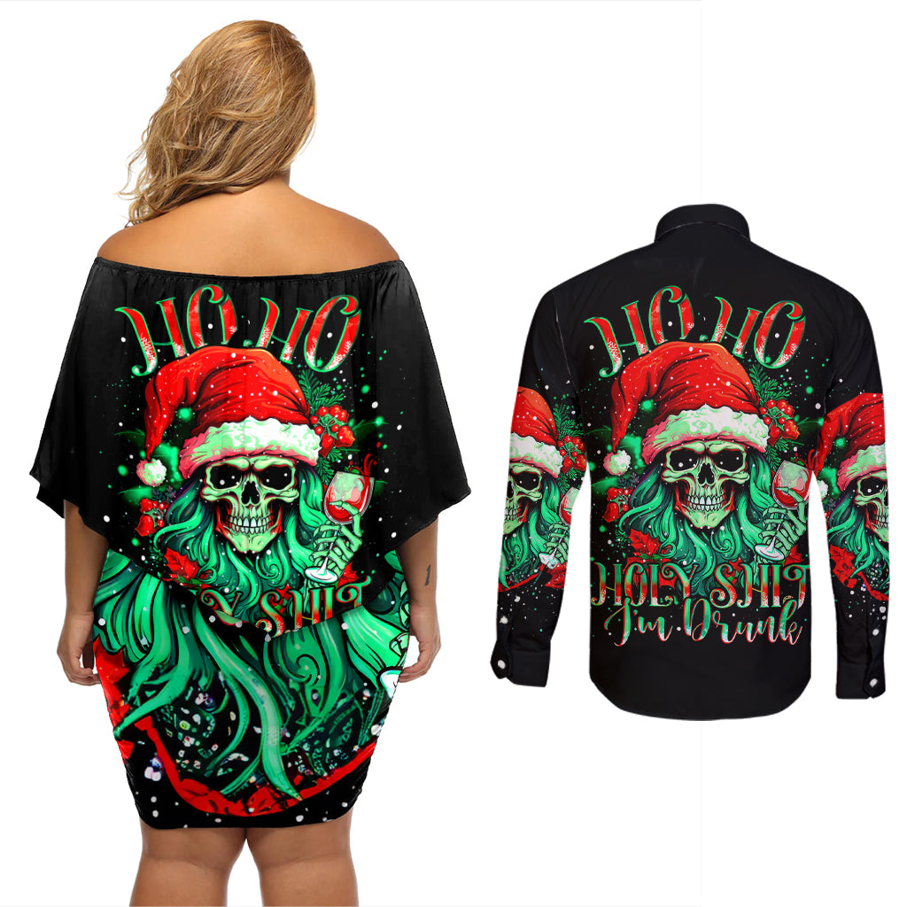 Christmas Skull Couples Matching Off Shoulder Short Dress and Long Sleeve Button Shirt Ho Ho Holy Shit I'm Drink - Wonder Print Shop