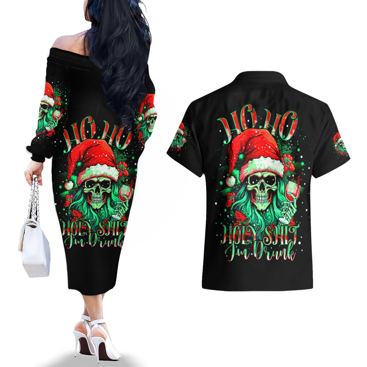 Christmas Skull Couples Matching Off The Shoulder Long Sleeve Dress and Hawaiian Shirt Ho Ho Holy Shit I'm Drink - Wonder Print Shop