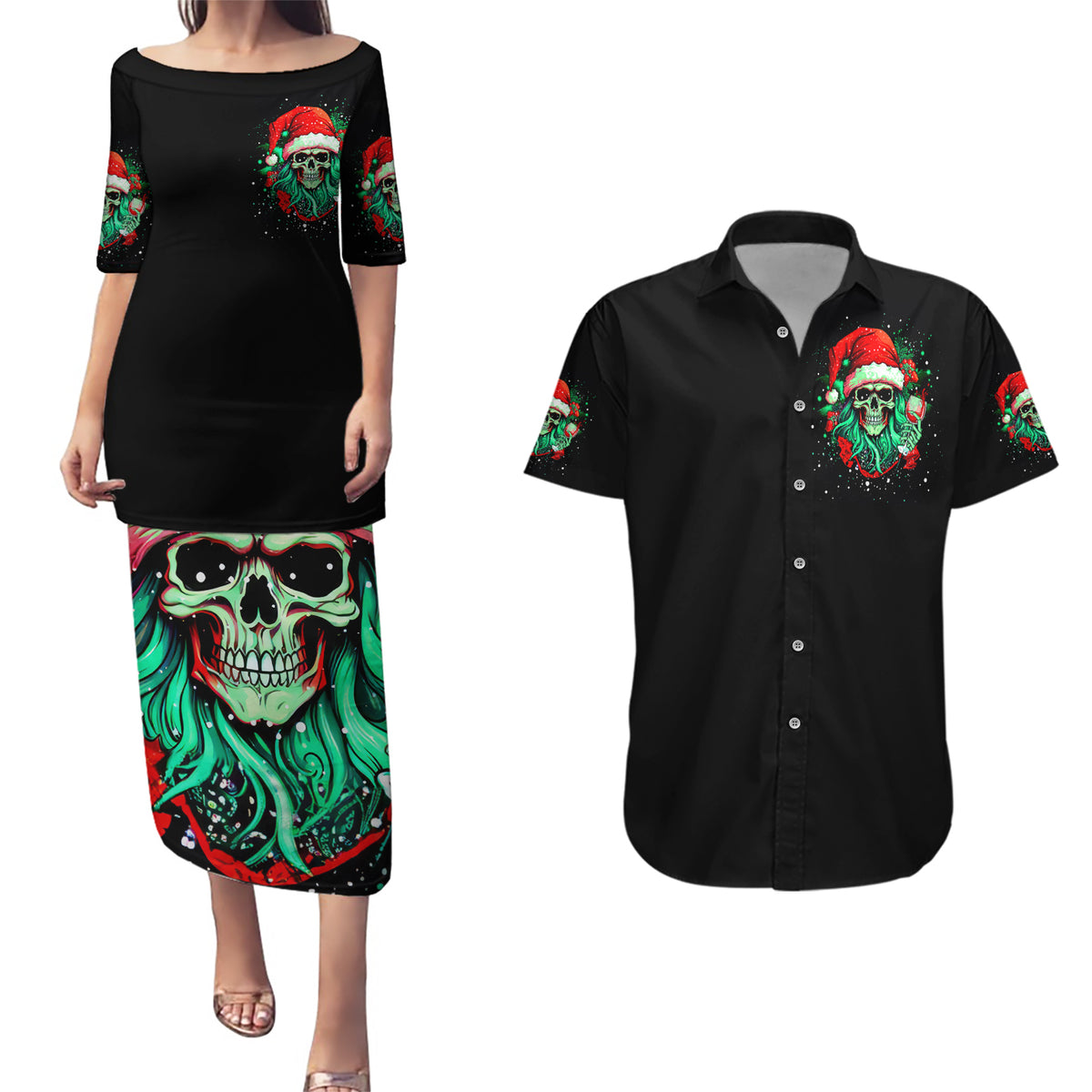 Christmas Skull Couples Matching Puletasi Dress and Hawaiian Shirt Ho Ho Holy Shit I'm Drink - Wonder Print Shop