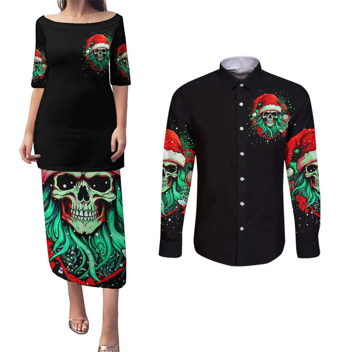 Christmas Skull Couples Matching Puletasi Dress and Long Sleeve Button Shirt Ho Ho Holy Shit I'm Drink - Wonder Print Shop