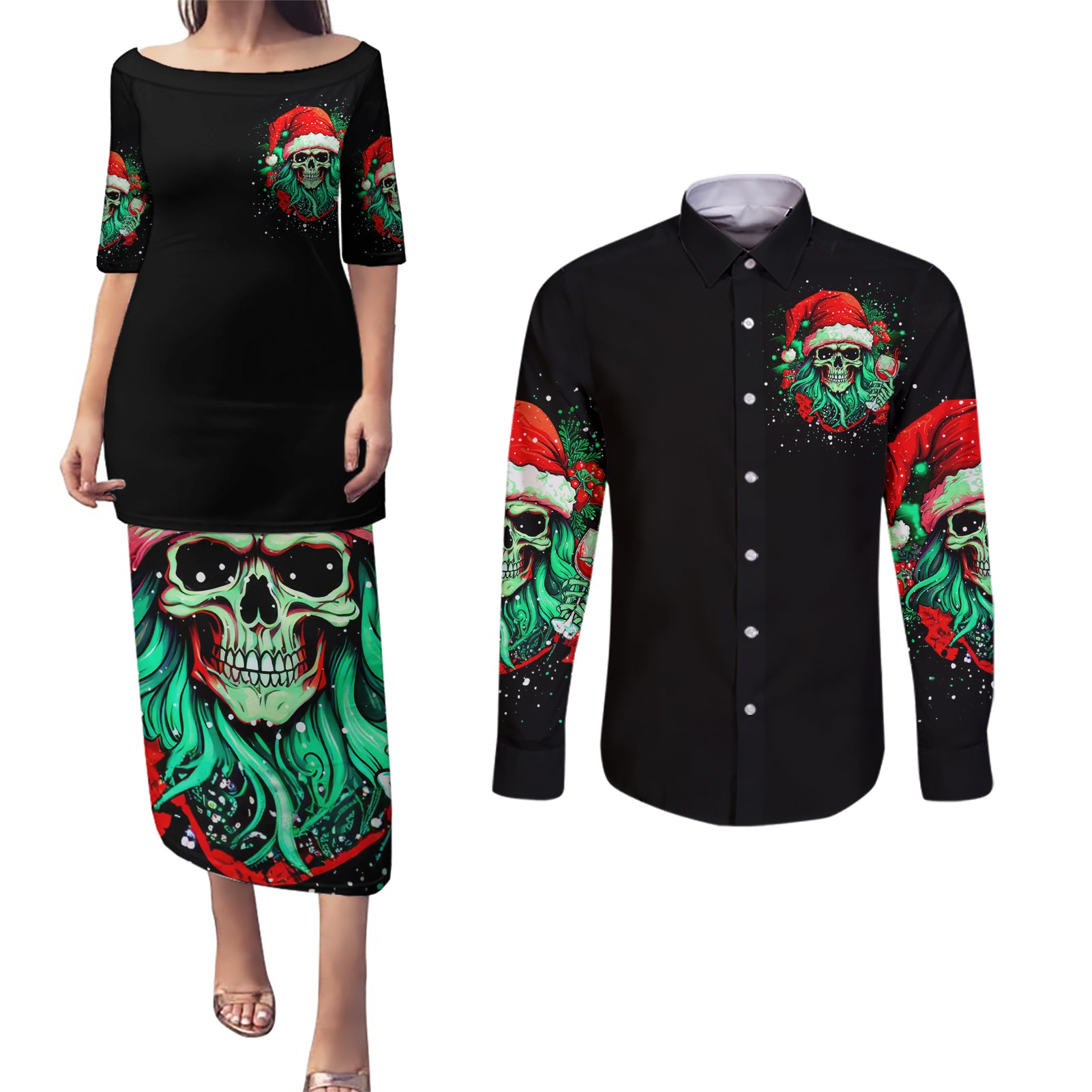 Christmas Skull Couples Matching Puletasi Dress and Long Sleeve Button Shirt Ho Ho Holy Shit I'm Drink - Wonder Print Shop