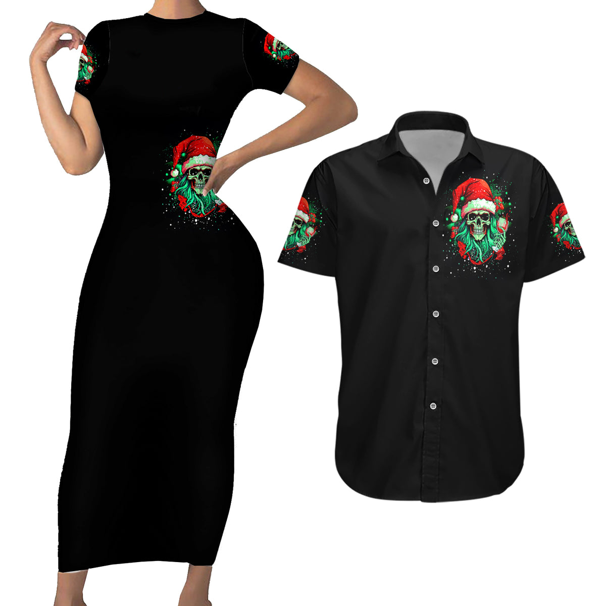 Christmas Skull Couples Matching Short Sleeve Bodycon Dress and Hawaiian Shirt Ho Ho Holy Shit I'm Drink - Wonder Print Shop