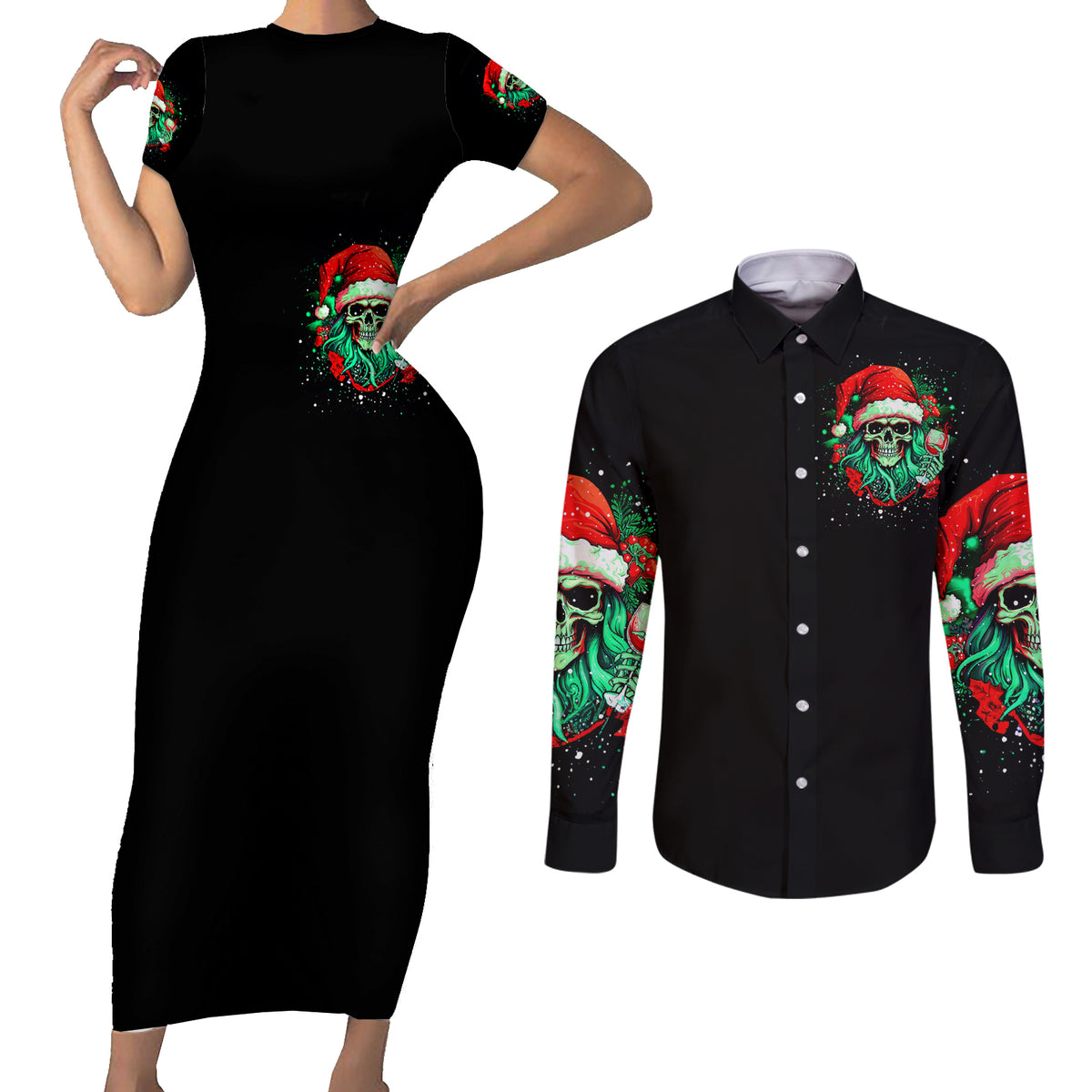 Christmas Skull Couples Matching Short Sleeve Bodycon Dress and Long Sleeve Button Shirt Ho Ho Holy Shit I'm Drink - Wonder Print Shop