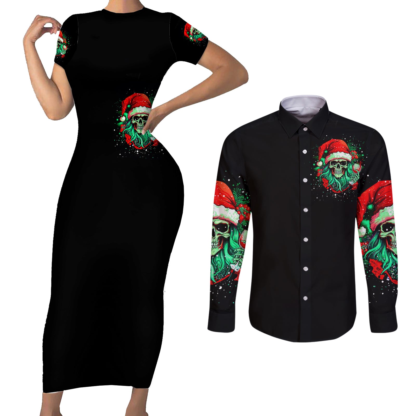 Christmas Skull Couples Matching Short Sleeve Bodycon Dress and Long Sleeve Button Shirt Ho Ho Holy Shit I'm Drink - Wonder Print Shop