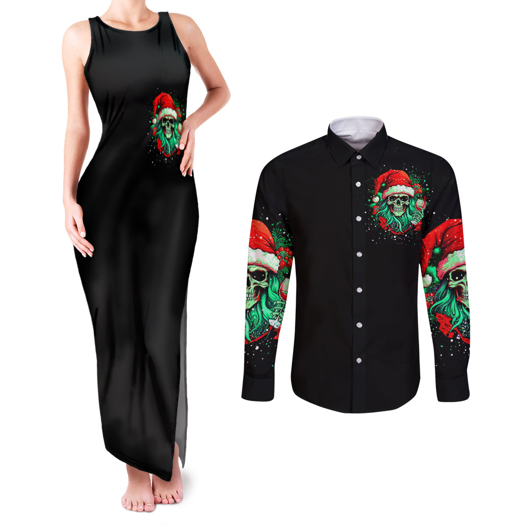 Christmas Skull Couples Matching Tank Maxi Dress and Long Sleeve Button Shirt Ho Ho Holy Shit I'm Drink - Wonder Print Shop
