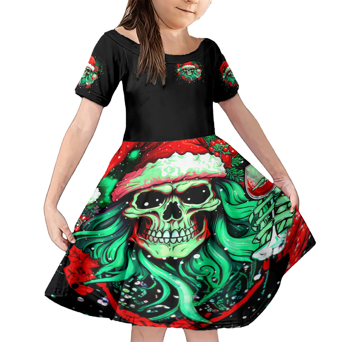 Christmas Skull Family Matching Long Sleeve Bodycon Dress and Hawaiian Shirt Ho Ho Holy Shit I'm Drink - Wonder Print Shop